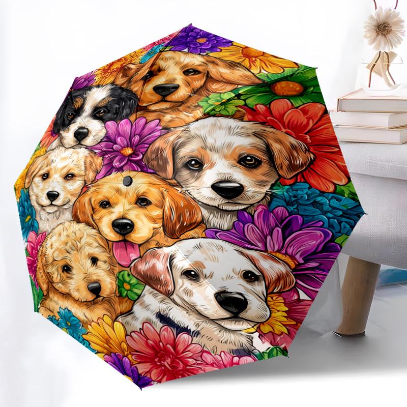 0106 Dog In Flower Bush  Pattern, Automatic Folding Umbrella, Portable and Foldable Design, 8 Ribs, a Christmas or Birthday Gift.