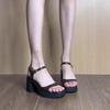 Sheepskin Version~ Retro Waterproof Table High-heeled Sandals One-word Buckle Temperament Small Thick Heel Roman High Heels Women