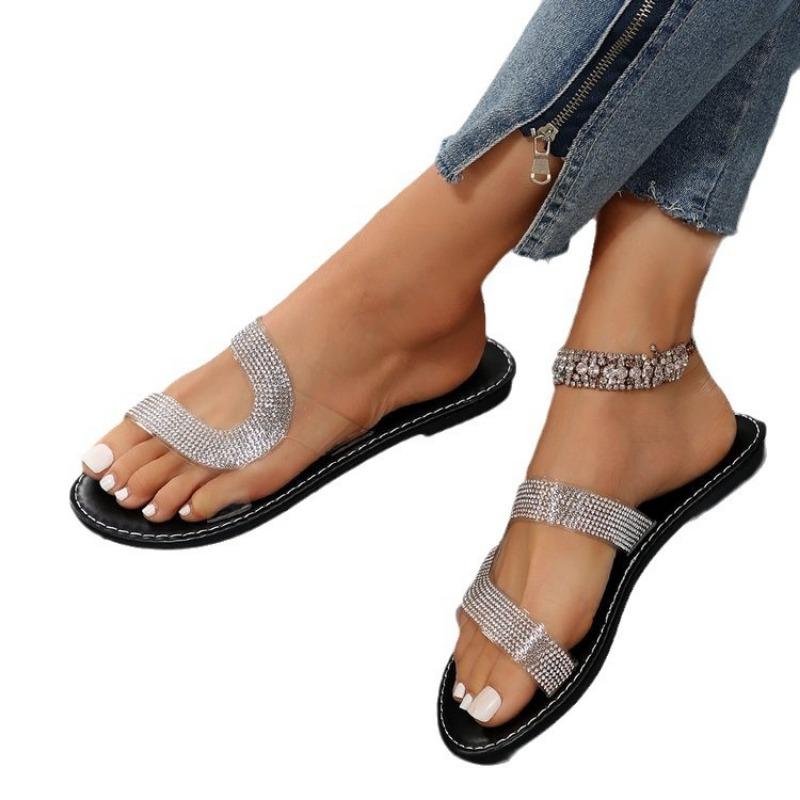Large Size 43 Rhinestone Flat-bottomed Casual Slippers Women's Cover Toes Simple Personalized Beach Shoes