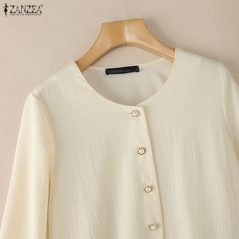 ZANZEA Damen Lässig Rundhals Einfarbig Locker Langarm Bluse