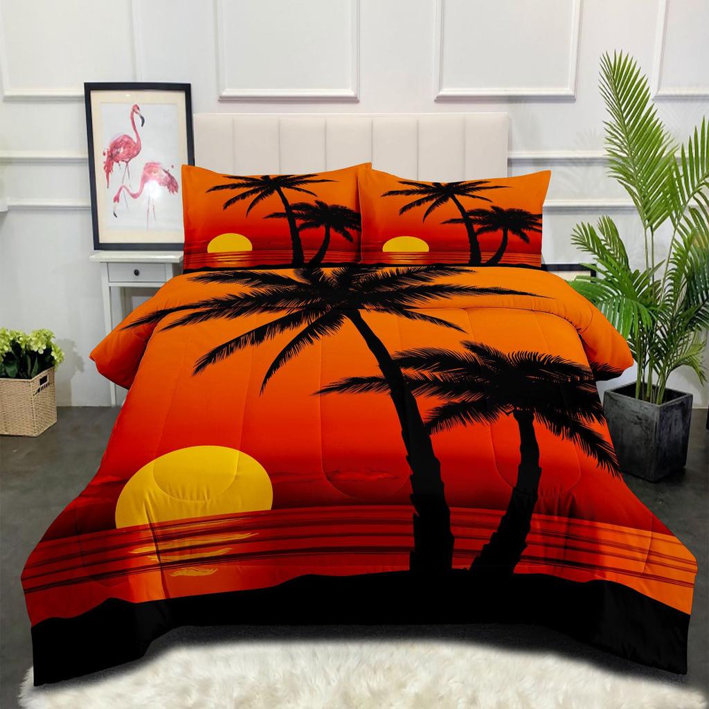 Gulf Coconut Tree Landscape Home Textiles Bedding Printing Fat Quilt Three-piece Quilt Cover Set