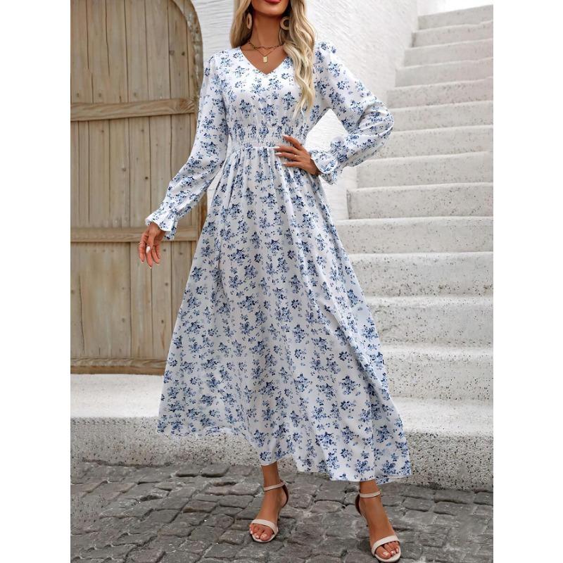 Fashion V-neck Long Sleeve Printed Loose Women Dress Spring Autumn Elegant A-line Party Long Versatile Dress Slim Fit Holiday Women's Clothing