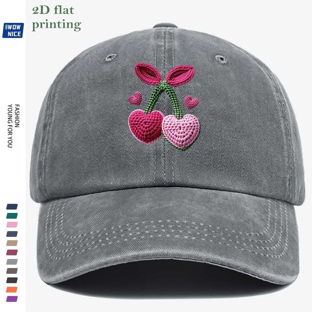 pc ThreeDimensional Flat IronOn Cherry Baseball Cap Crocheted PinkPurple Heart Cherries with Green Leaf Vines Accented wit