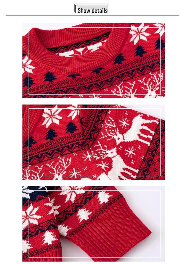 Red Reindeer Jacquard Knit Christmas Sweater for Couples - Autumn/Winter Casual Round Neck