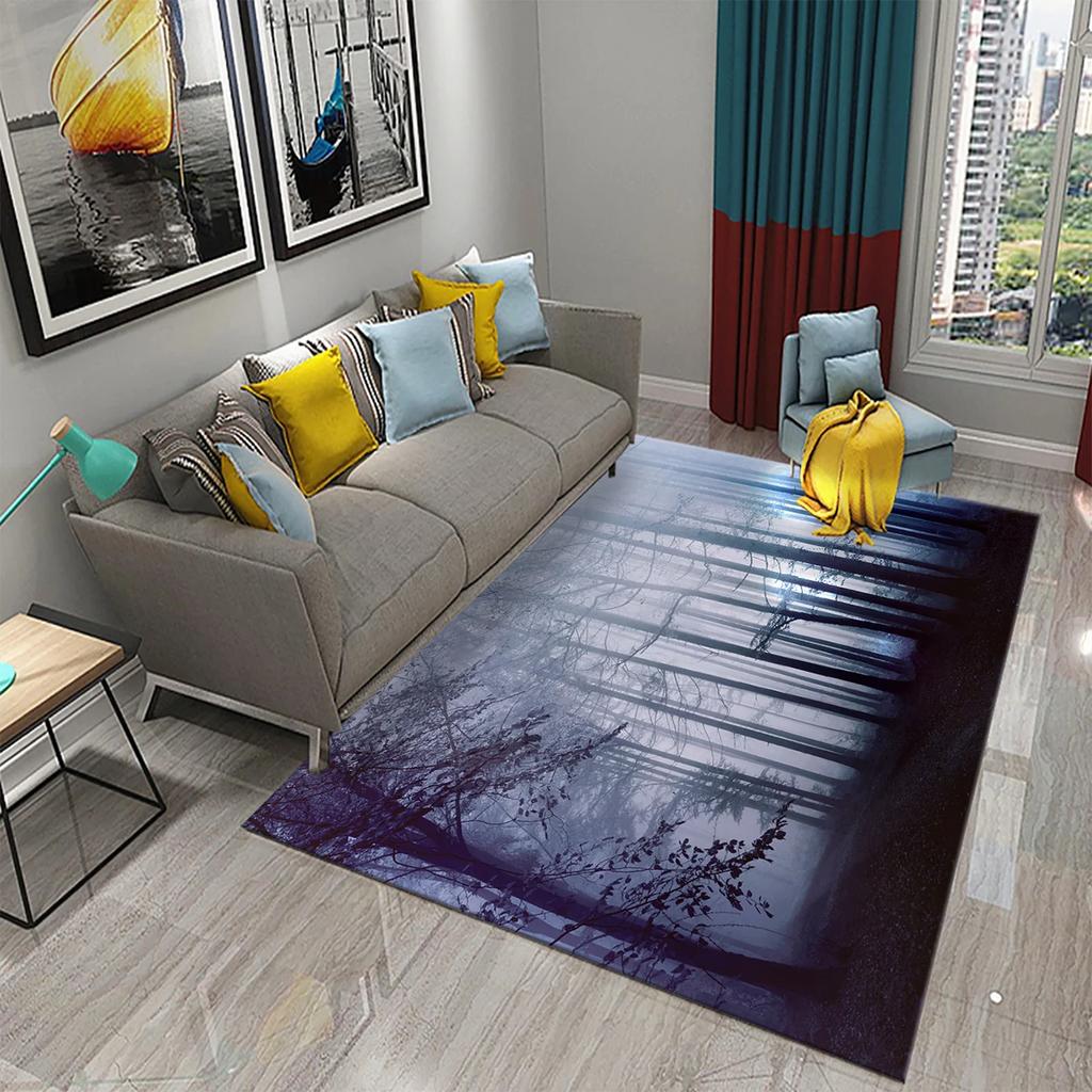 3D Foggy Forest Carpet White Smoke Fog Clouds Rugs Bathroom Kitchen Non-Slip Doormat Area Rug Living Room Bedroom Decor Rugs