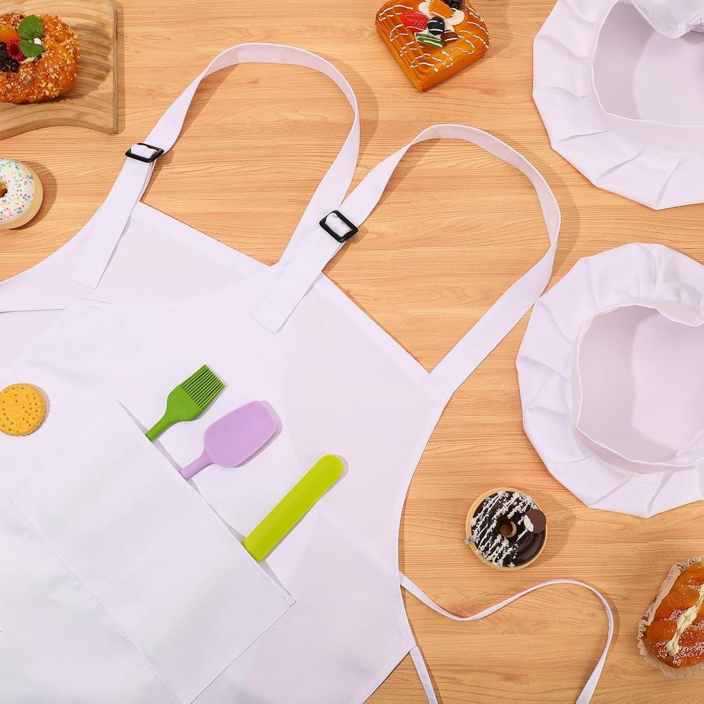 2 Pack Kids Chef Apron and Hat, Adjustable Kitchen Cooking Apron with Two Pockets for Girls Boys