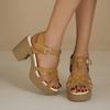 Damen Sommer Neue Einfarbige Riemen-High-Heel-Sandalen mit Blockabsatz und Rundem Zehen