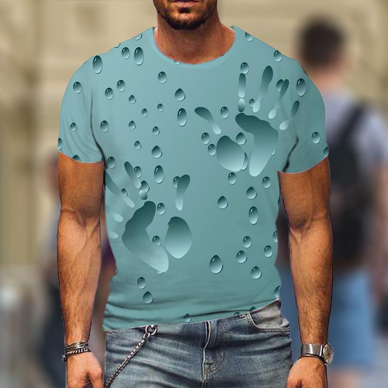 Summer Round Neck 3D Water Droplet Pattern Printed Top Fashionable Casual Short Sleeved Men's T-shirts