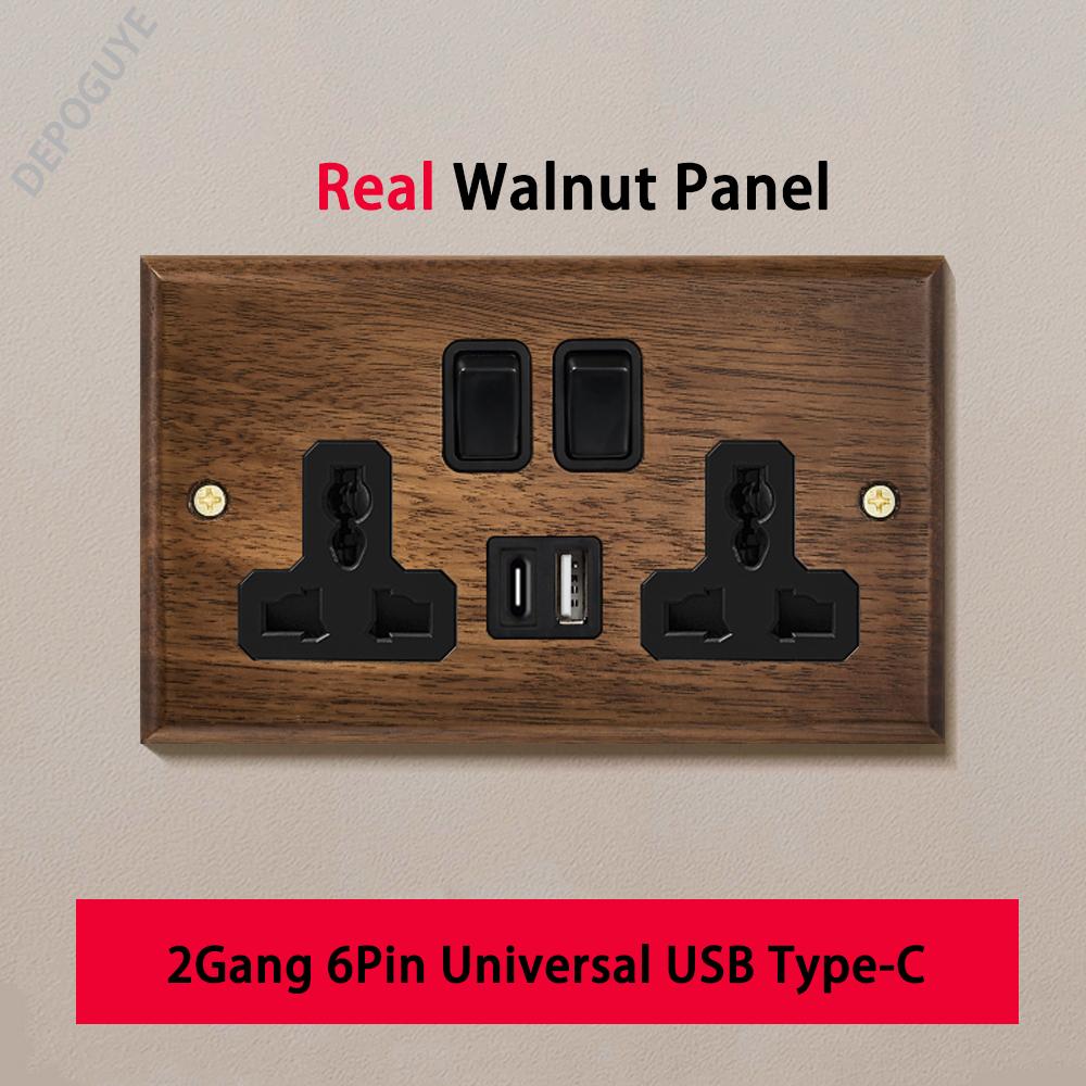 Black Retro Walnut Wall Toggle Switch Panel 1-4Gang 2Way Solid Wood Double EU/FR Socket Universal Usb C Electrical Power Outlet