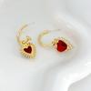 Manufacturer Supply French Fashion In Needle Earrings Women'S Red Zircon Love Earrings Earrings Spot