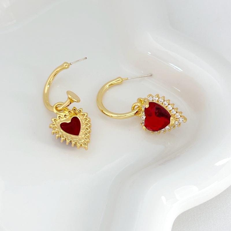 Manufacturer Supply French Fashion In Needle Earrings Women'S Red Zircon Love Earrings Earrings Spot