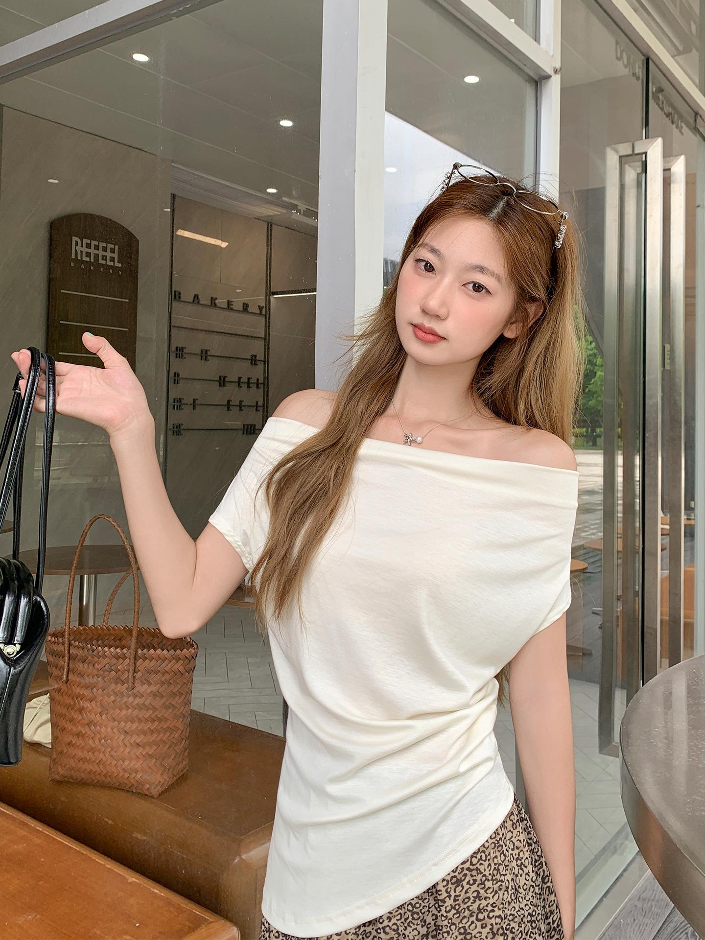 

American purple swinging collar waist pleated design short-sleeved t-shirt women s summer new unique and beautiful top S грязно-белый
