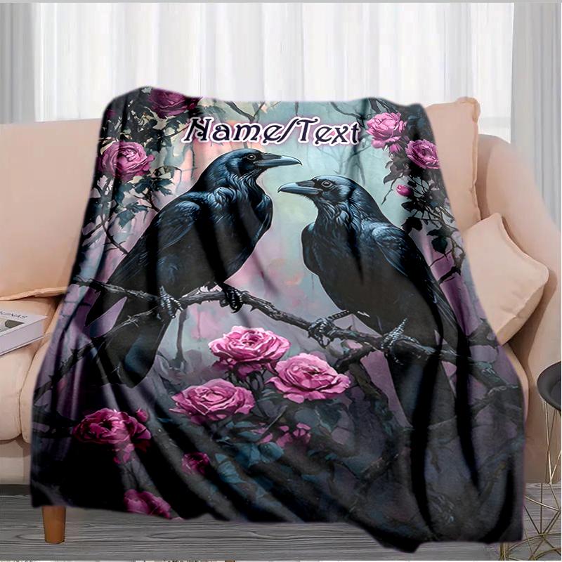 1PC Custom Name Ravens Roses Fantasy Art Flannel Blanket Versatile,all-season Throw Suitable for the Living Room,bedroom,camping,travel,and Gift