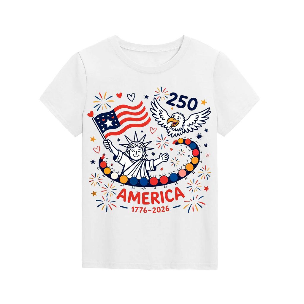 Fashionable Round Neck Short Sleeve Work Clothes Printed Tops For KID Summer Tops