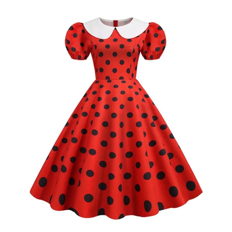 Kragen Elegantes Damen Sommerkleid Puff Kurzarm Pünktchen Vintage Kleid A-Linie Midi Party Sonnenkleid