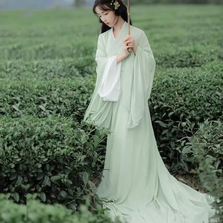 Elegant Chinese Traditional Hanfu Set, Flowing Wide Sleeve Robe with Trailing Straight Hem, Cold Style Fairy Photography Outfit