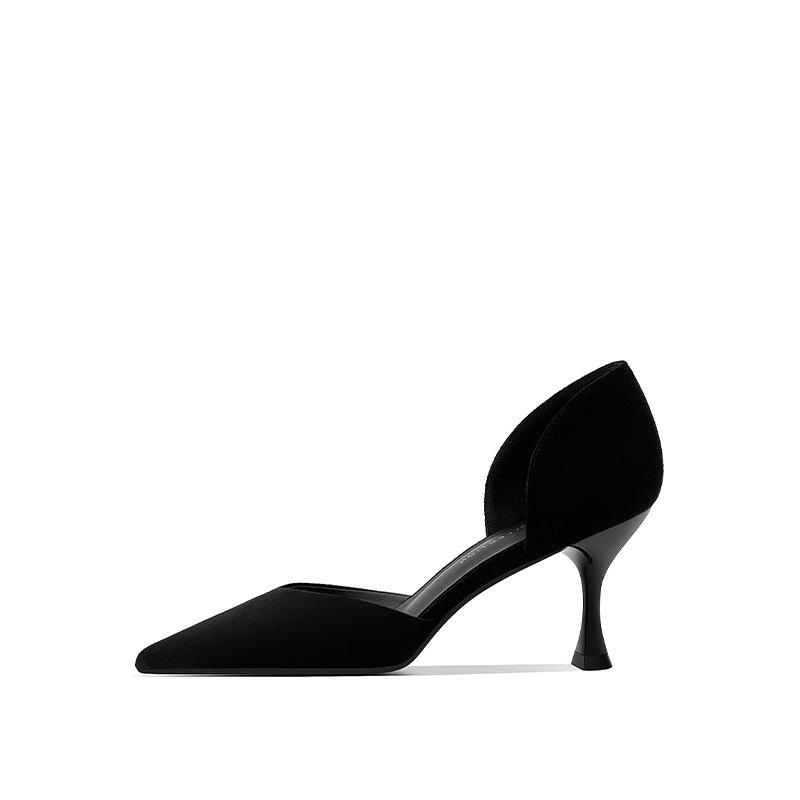 Black high heels spring new pointed hollow single shoes women's summer stiletto cat heel shallow mouth middle heel cmcm