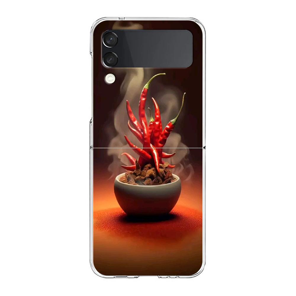 Phone Cover For Samsung Galaxy Z Flip 6 5 4 Case Transparent For Samsung Z Flip 3 Hard PC Foldable Shell Chili Red Capas Bags