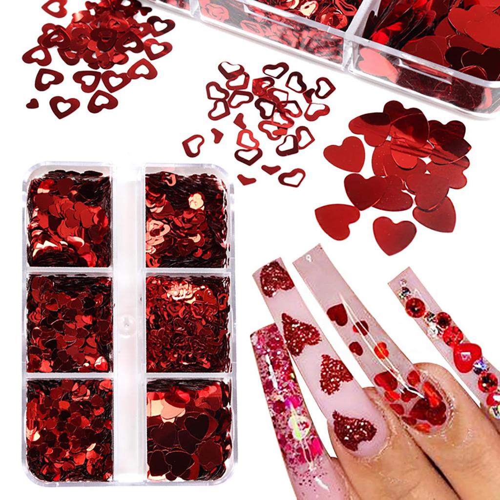 Valentine’s Day Nail Glitters Red Heart Nail Art Sequins 3D Holographic Hollow Heart Love Nail Flakes Glitter Powder 6 Grids Heart Sparkly for