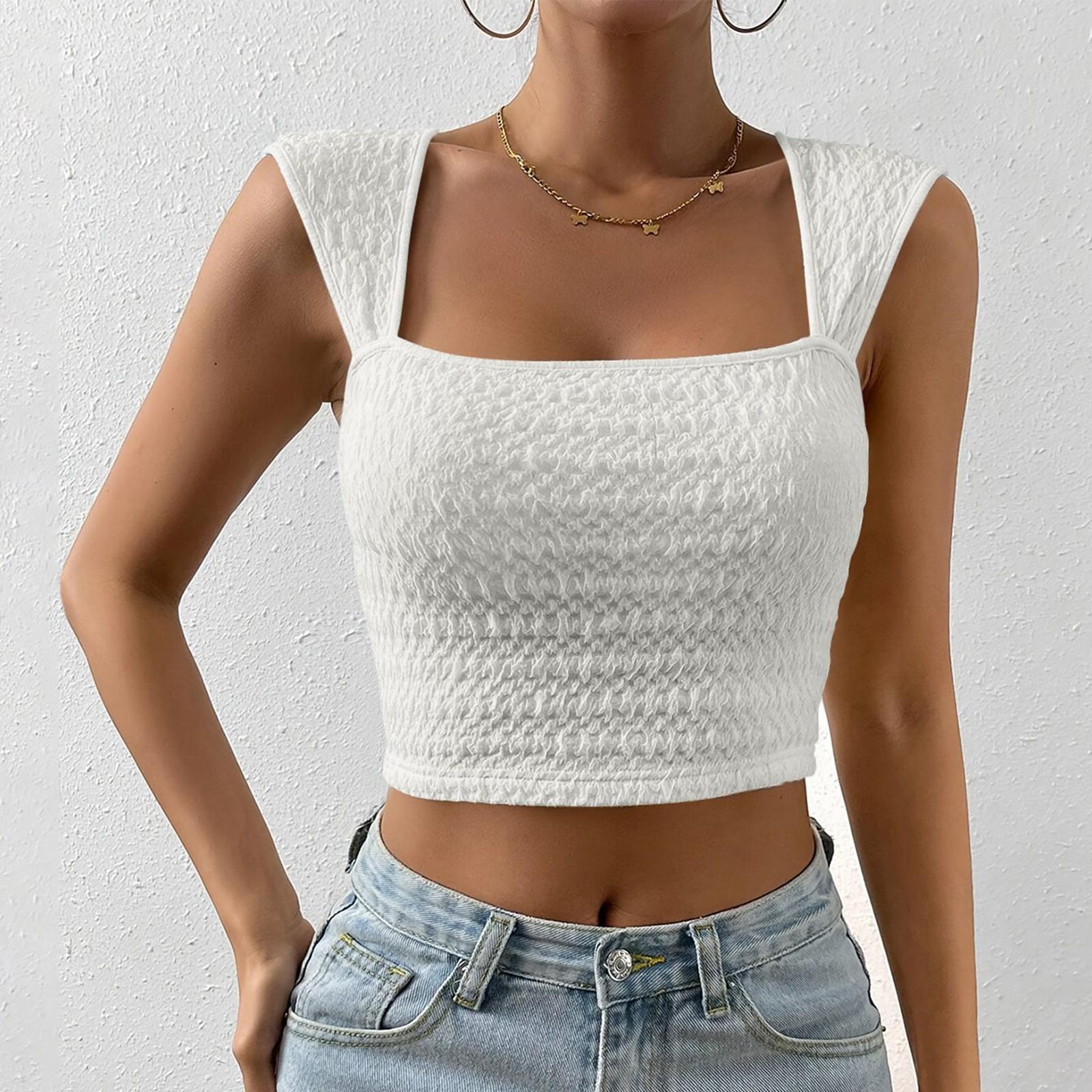 

Женская модная однотонная облегающая короткая майка с квадратным вырезом и открытым пупком XL белый