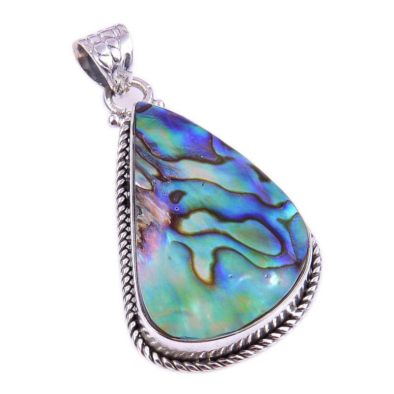 Natural Abalone Shell Gemstone 925 Solid Sterling Silver Gift Pendant 1.75" n0T49