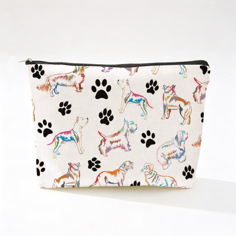 Cute Dog Print Linen Makeup Bag - Wear-Resistant & Portable Storage with Zipper
