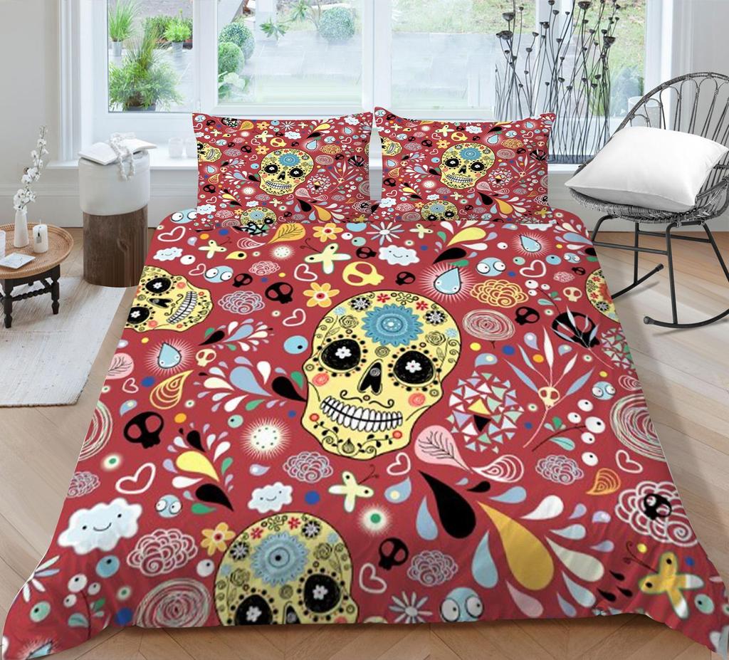 Bed Cover Home Bedclothes Bedding Set 2/3pcs 3D Skull Printing Microfiber Washable Bed Quilt Cover Set