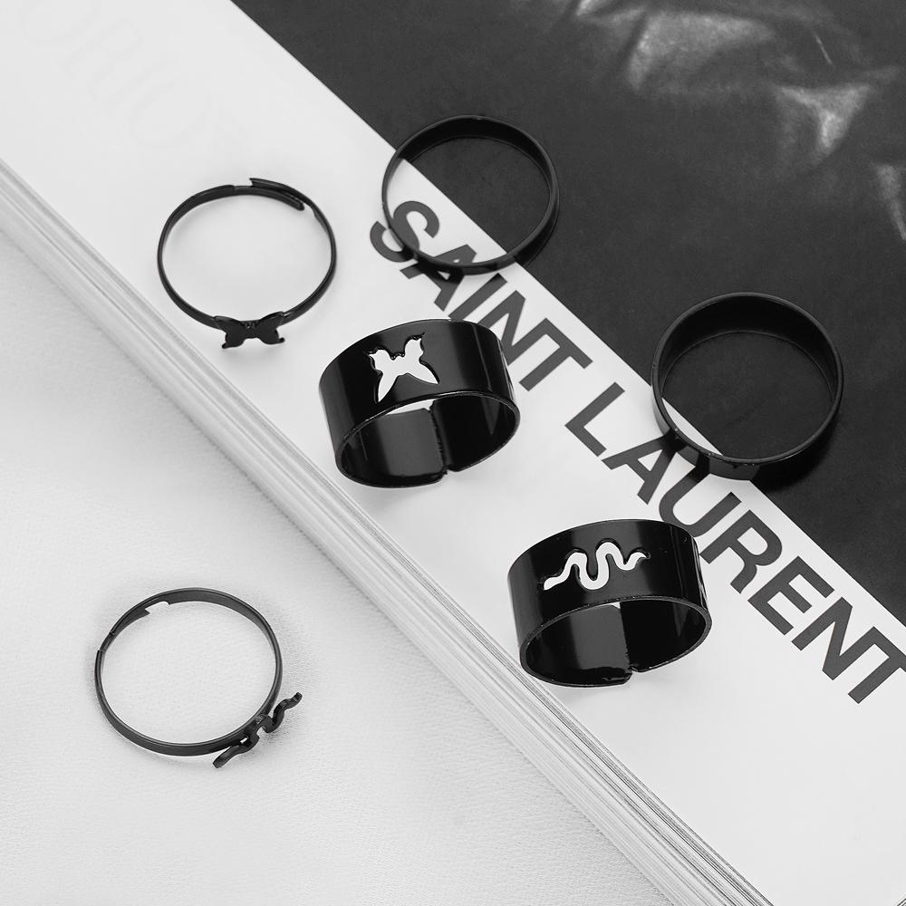 Trendy Punk Schwarz Schmetterling Schlange Ringe Set für Frauen Geometrische Hohl Ring Schmuck