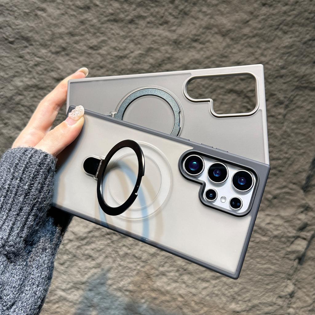 For Magsafe Metal Fold Stand Holder Case For Samsung S26 S25 S24 S23 FE S22 Ultra Plus Matte Clear Magnetic Bracket Cover