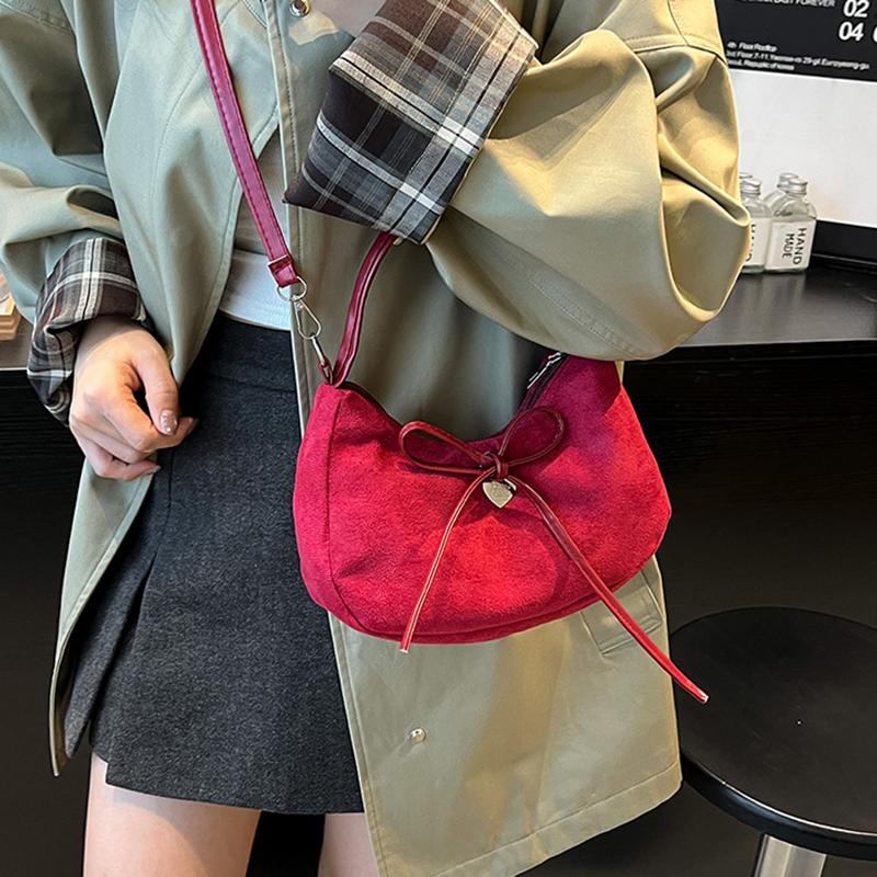 Vintage Bow Candy Color Women Suede Shoulder Bags Simple Lightweight Ladies Crossbody Bag Portable Girls Handbags Purse