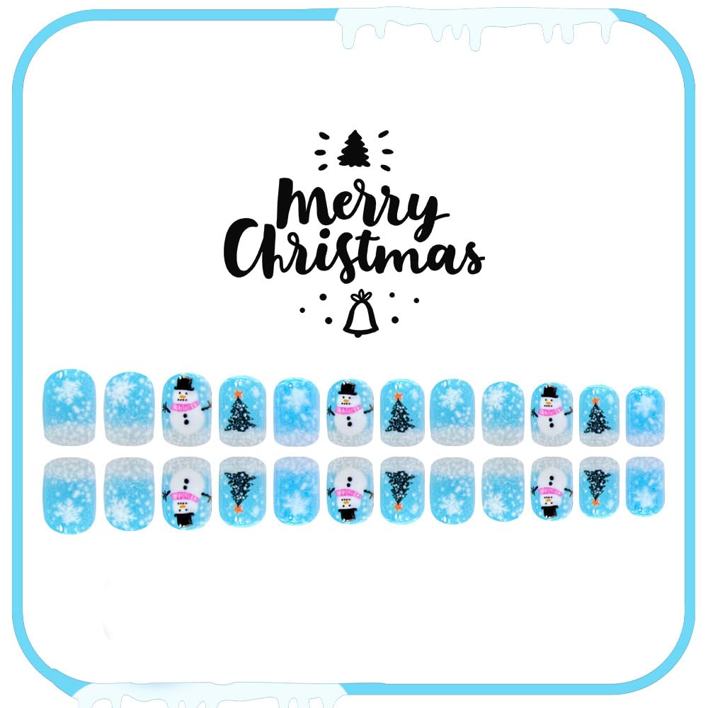 Christmas Snowmen Press On Nails Short Square French Tip Fake Nails with Winter Snowflake Design Blue Winter Xmas Snowmen Glue On False Nail