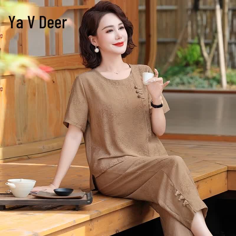 Yalu Women s Summer Cotton Linen Two-Piece Set 5XL