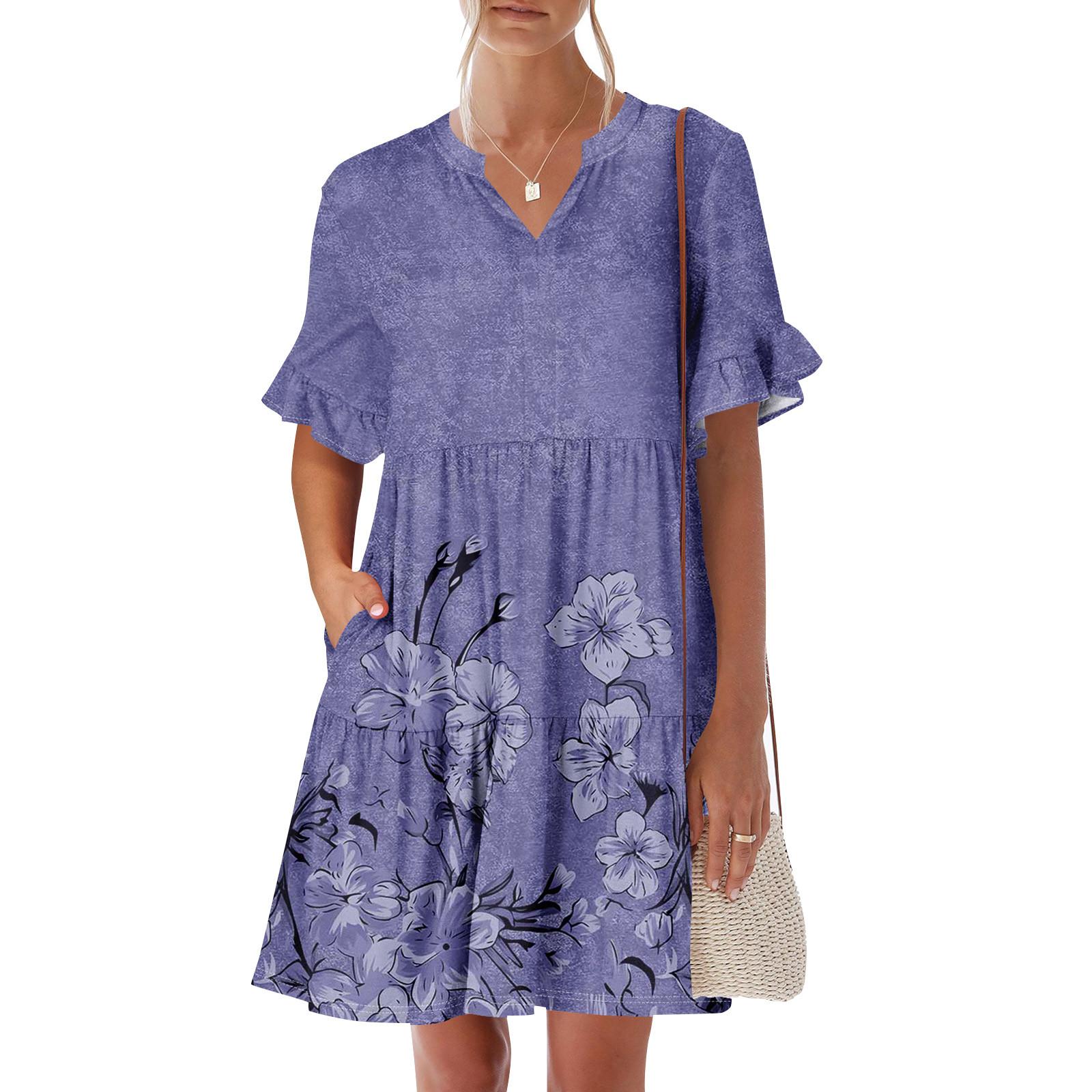 

Женское летнее платье с коротким рукавом и V-образным вырезом, короткие платья, модное повседневное струящееся платье в стиле бохо с оборками и карманами M фиолетовый