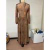 Vintage Pattern Printed High Waist Dress Casual Women V Neck Pleated Bohemian Autumn Long Sleeved Pleated