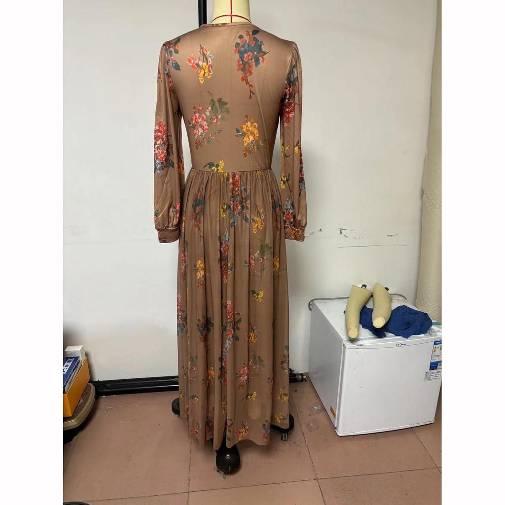 Vintage Pattern Printed High Waist Dress Casual Women V Neck Pleated Bohemian Autumn Long Sleeved Pleated