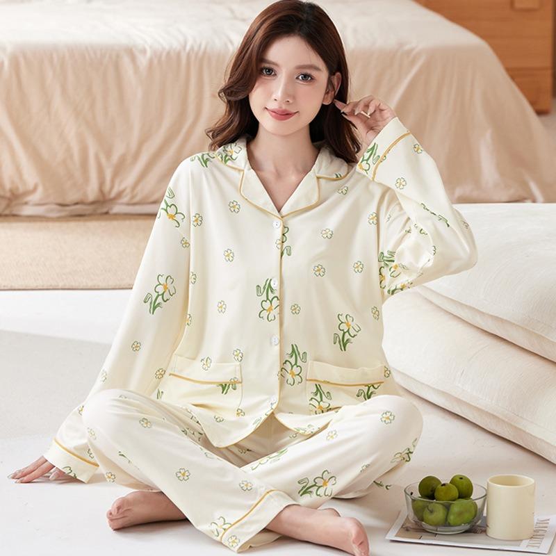 Spring and autumn new pajamas women's imitation cotton long-sleeved loungewear thin high-end medium-sized elderly large-size suit