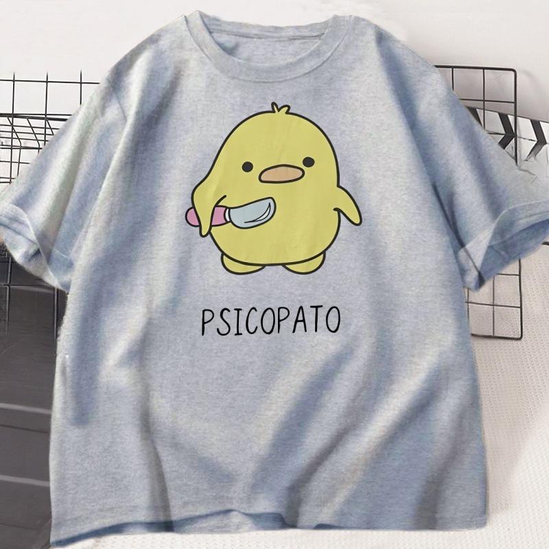 Psicopato T Shirt Men Women Cute Duck with Knife Tshirt Casual Short Sleeve Printed Round Neck T-shirt Streetwear Loose
