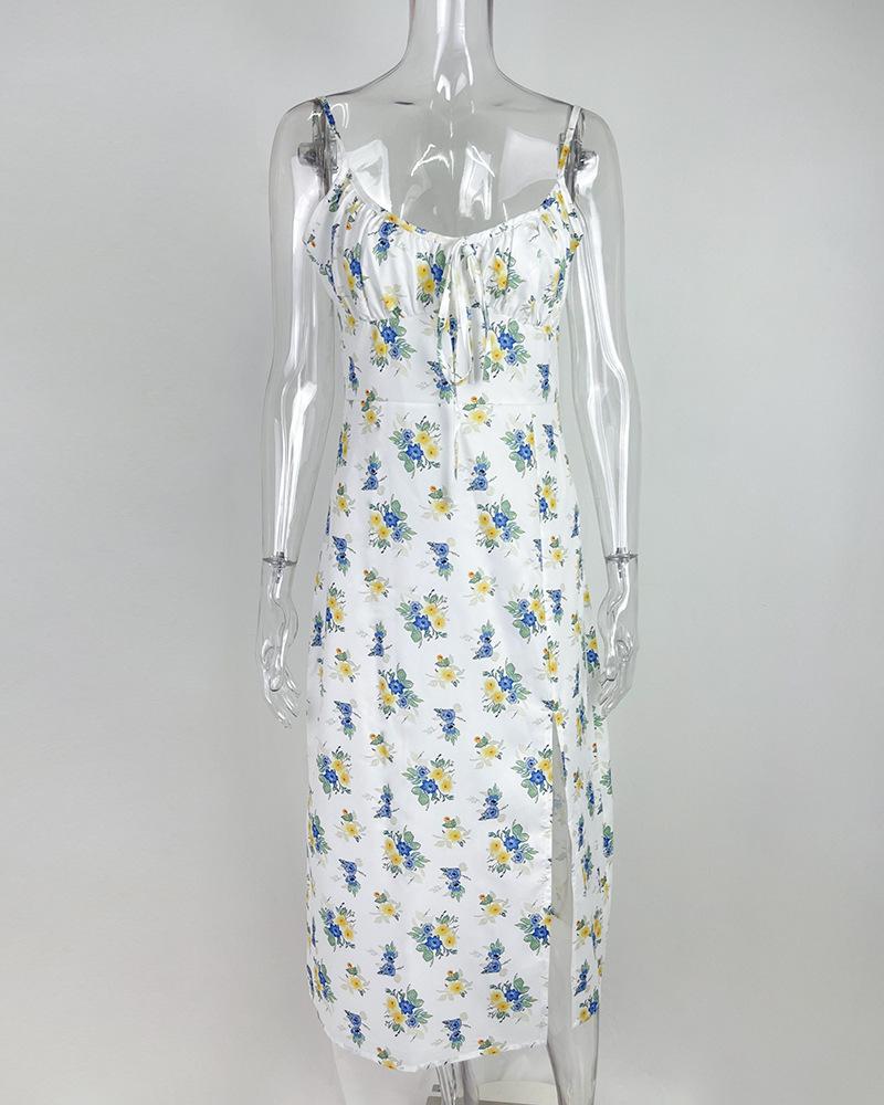 2026 Spring Women's Sexy Fashion Lace-up Print Slit Camisole Dress