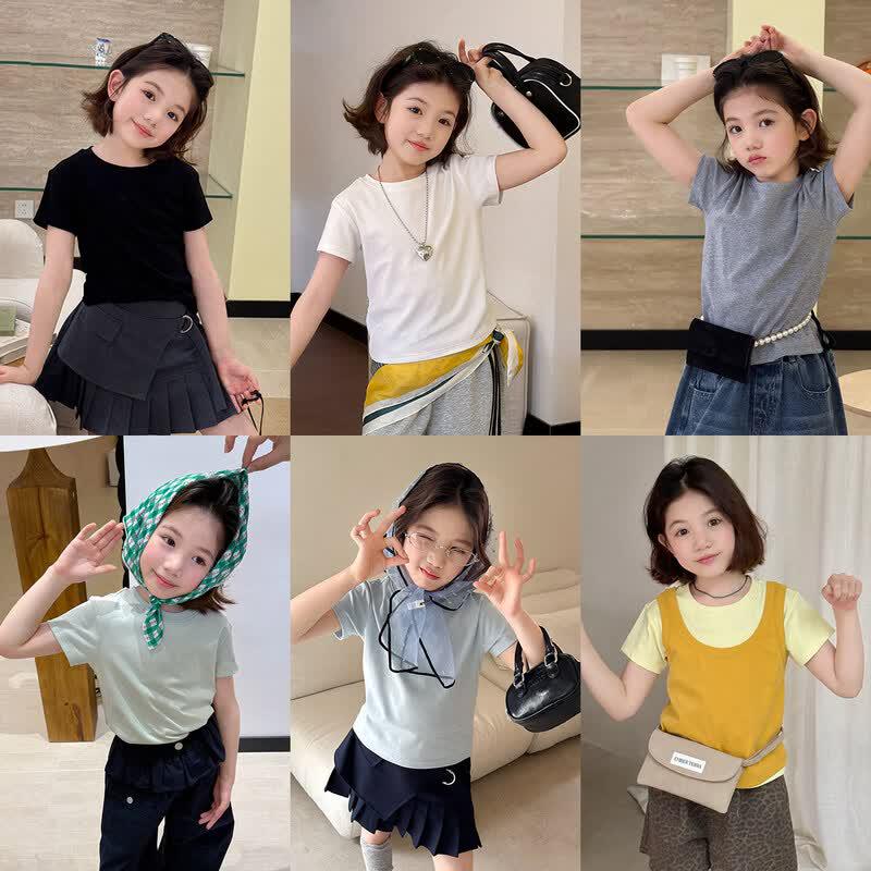 SEVEN BOBI Girls Korean Style Solid Short Sleeve T-Shirt 110
