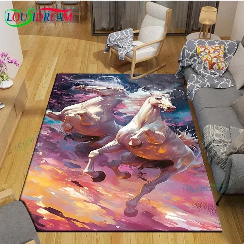 3D Realistic Horse Print Area Rug – Non-Slip Large Carpet for Living Room or Kids Bedroom – Artistic Home Decor Floor Mat