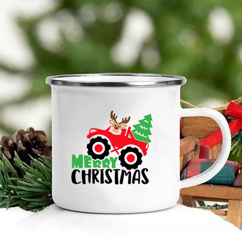 Merry Christmas Print Creative Enamel Coffee Tea Wine Drink Mug Dessert Hot Cocoa Milk Cup Cake Mugs Handle Drinkware Xmas Gifts