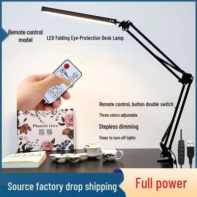 LED-Falt-Schreibtischlampe mit Fernbedienung, langem Arm und Augenschutz für Studien- oder Wohnheimbeleuchtung, USB-betrieben mit Klemme
