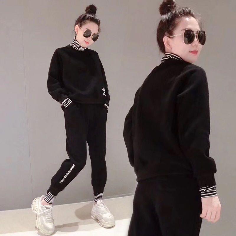 Dick gefüttert und stark genäht Herbst-Winter Rollkragenpullover Damen Locker sitzend Modisches Sport-Zweiteiler-Set für Freizeitaktivitäten