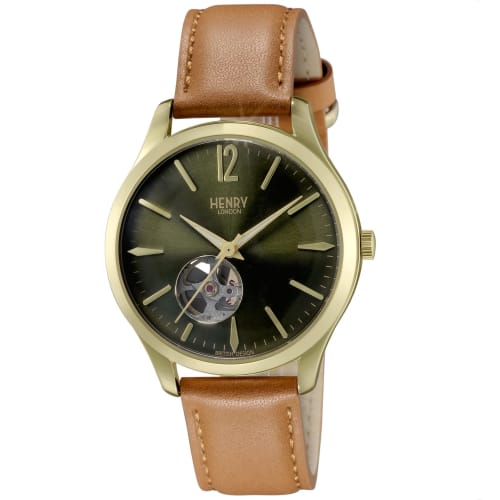 Henry London HERITAGE SIGNATURE Watch, 39mm, Green Dial, Stainless Steel, Mineral Glass, Automatic, Brown, HL39-AS-0454, Official Warranty