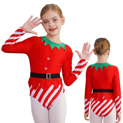 Maillot de Danza Navideño para Niñas Manga Larga Rayas con Cinturón de Campanas de Latón Traje de Gimnasia