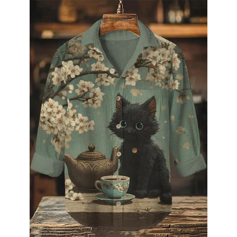 Men's Linen Cute Cat Printed Casual Shirt 3D Animal Printed Classic Long Sleeve Fashion Hawaiian Men's Shirt Top