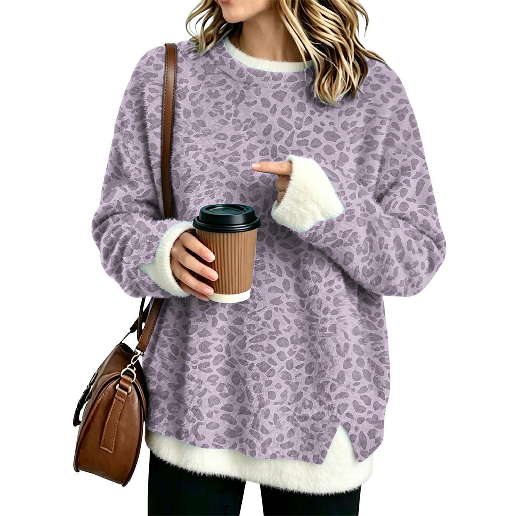 Women's Fashion Flannel Neck Two-Piece Leopard Print Top, Casual Paneled Blouse