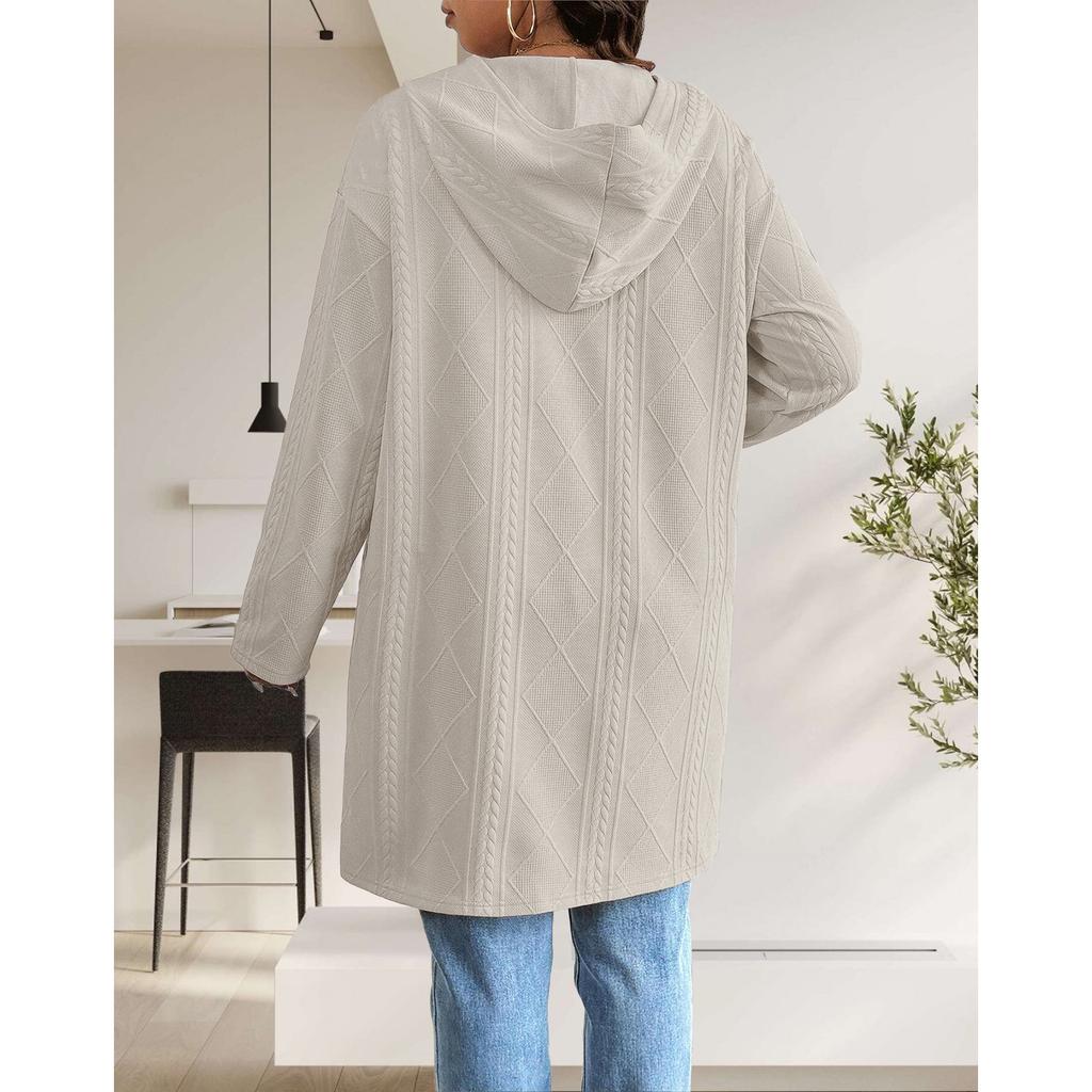 Dames Strandet Mønstret Hette Midilengde Trenchcoat Jakke Cardigan