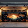 8x7 Ft Halloween Garage Door Banner Hanging Backdrop Garage Door Cover Misty Forest Pumpkin Lantern Scene 243x218 cm