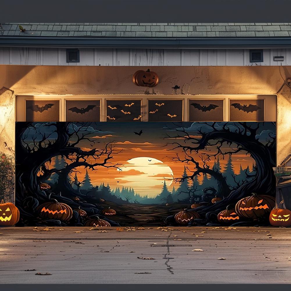 8x7 Ft Halloween Garage Door Banner Hanging Backdrop Garage Door Cover Misty Forest Pumpkin Lantern Scene 243x218 cm